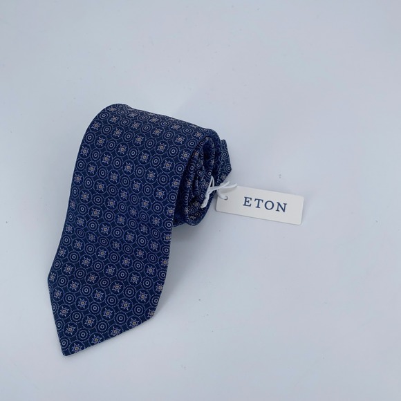 Eton Tie Mens One Size Blue Yellow Patterned Silk Classic Necktie Italy Made NWT